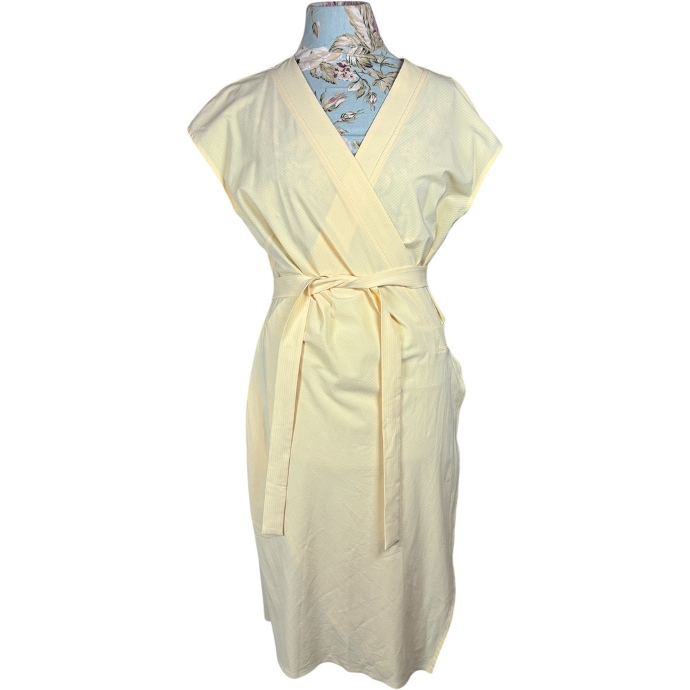 Athleta Newport Wrap Dress Yellow Pinstripe Short Sleeve Belted Midi Athletic L - Picture 2 of 9